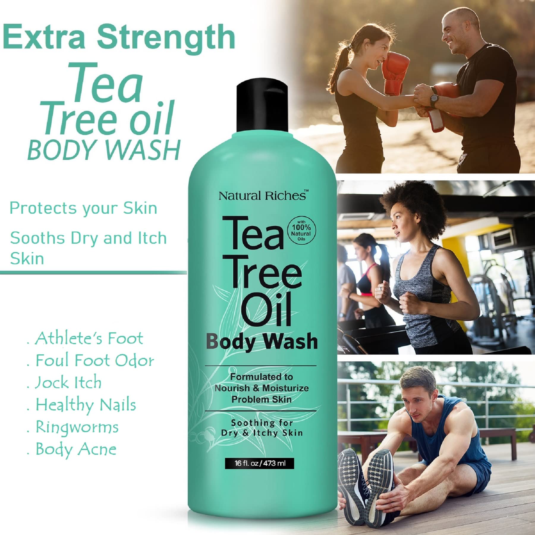 Pour action of Natural Riches Tea Tree Oil Body Wash from bottle