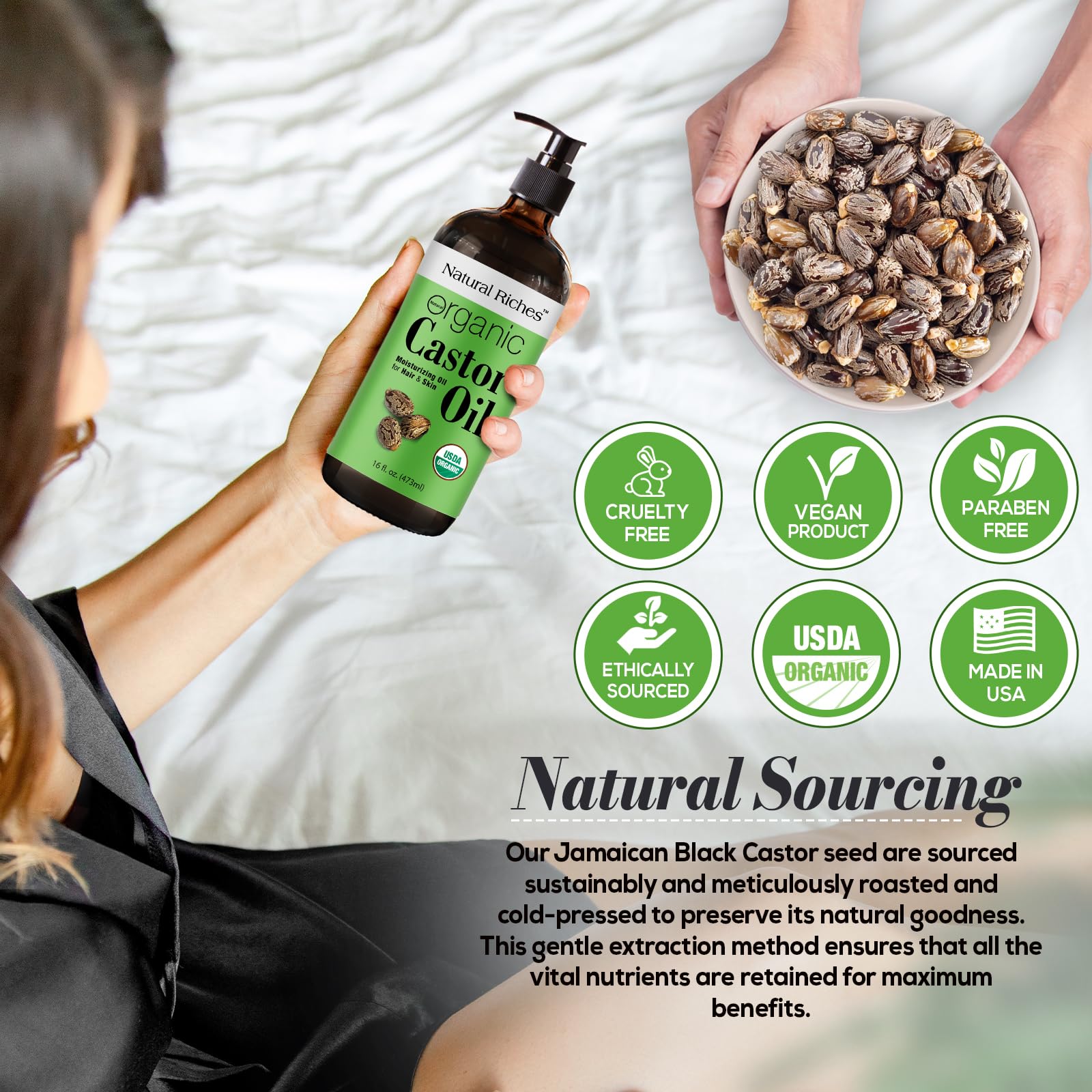 Natural Riches castor oil USDA Organic label signals purity and safety.
