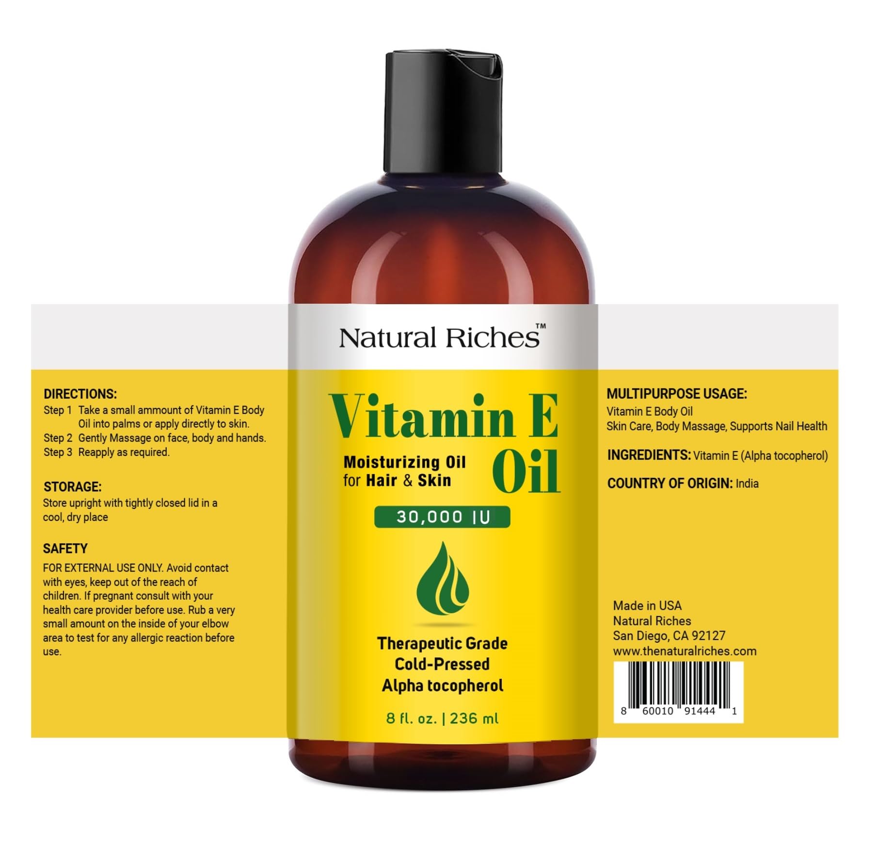 Droplet application of Natural Riches Vitamin E Oil on skin for deep moisturization.