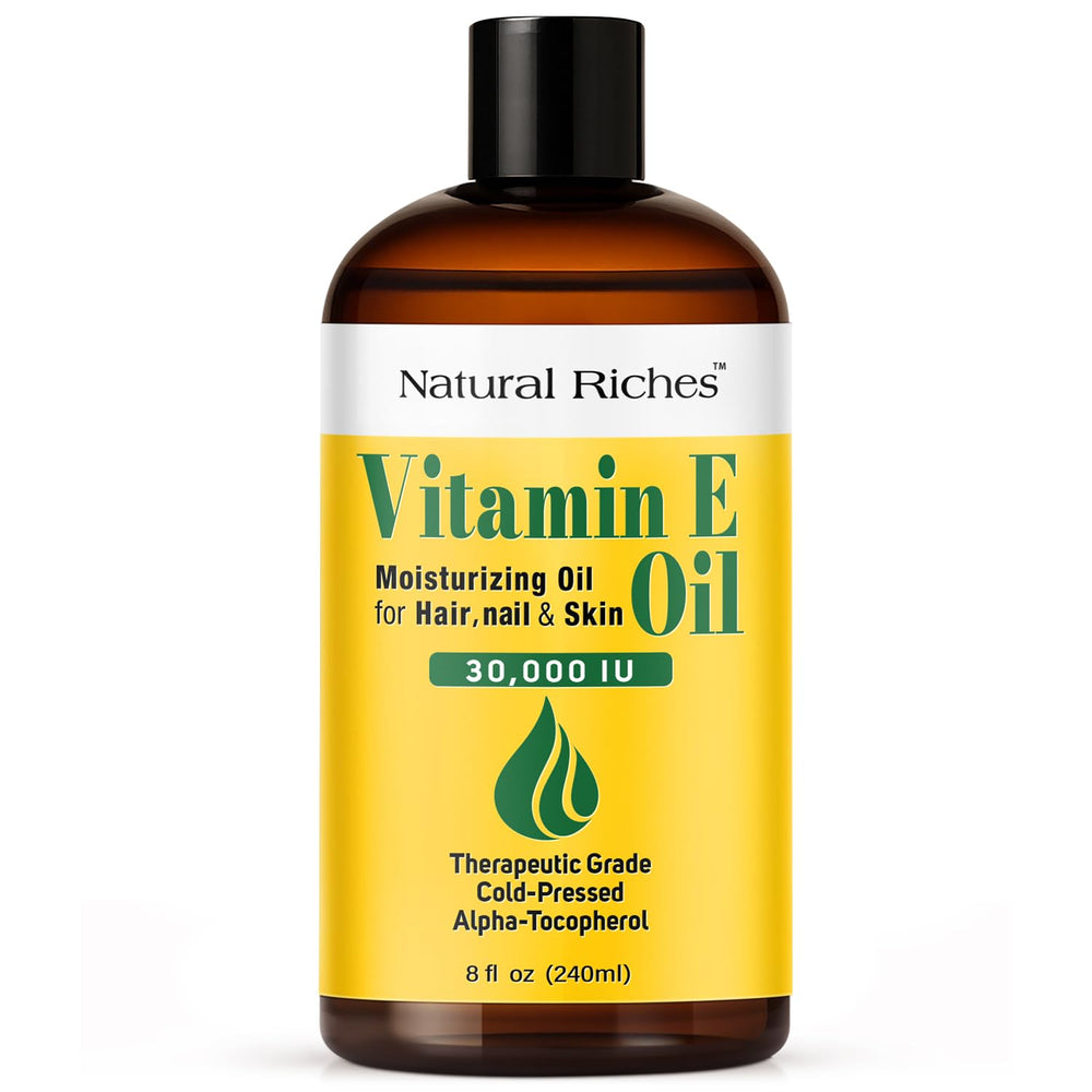 Natural Riches Vitamin E Oil bottle for pure skin nourishment and external use.