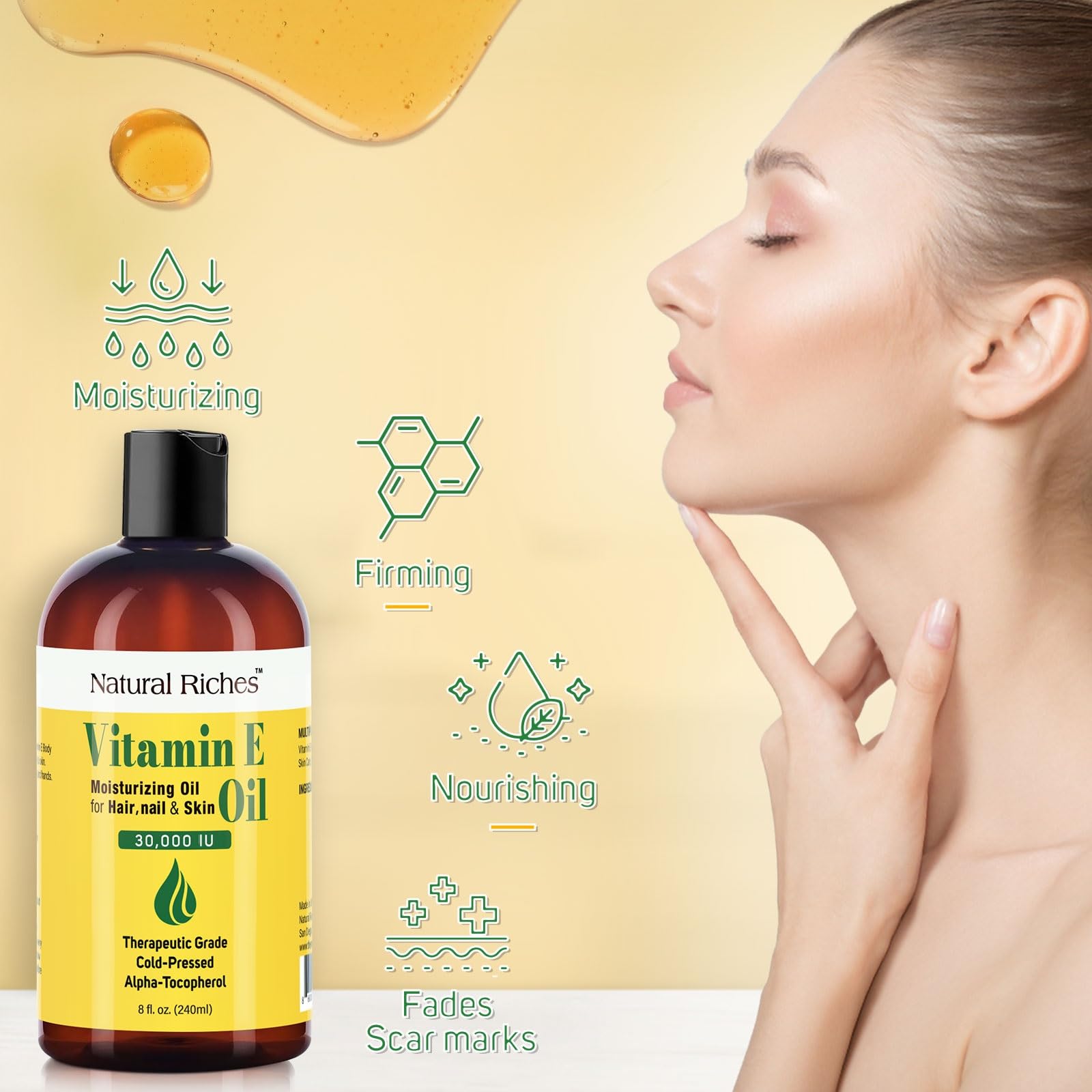 Face application of Natural Riches Vitamin E Oil for improved hydration and texture.