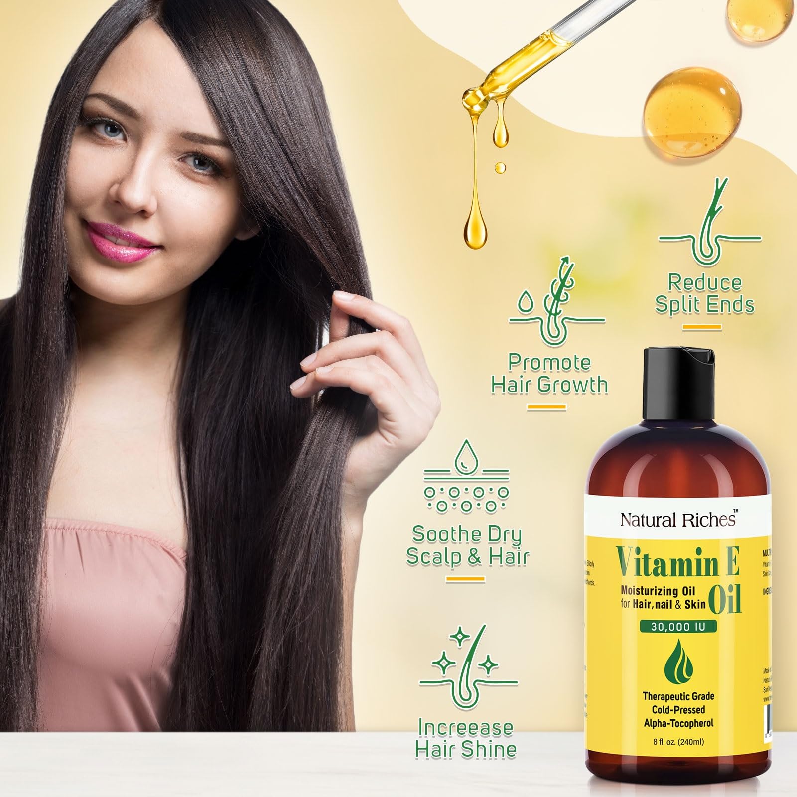 Hair care with Natural Riches Vitamin E Oil for shine and scalp moisture.