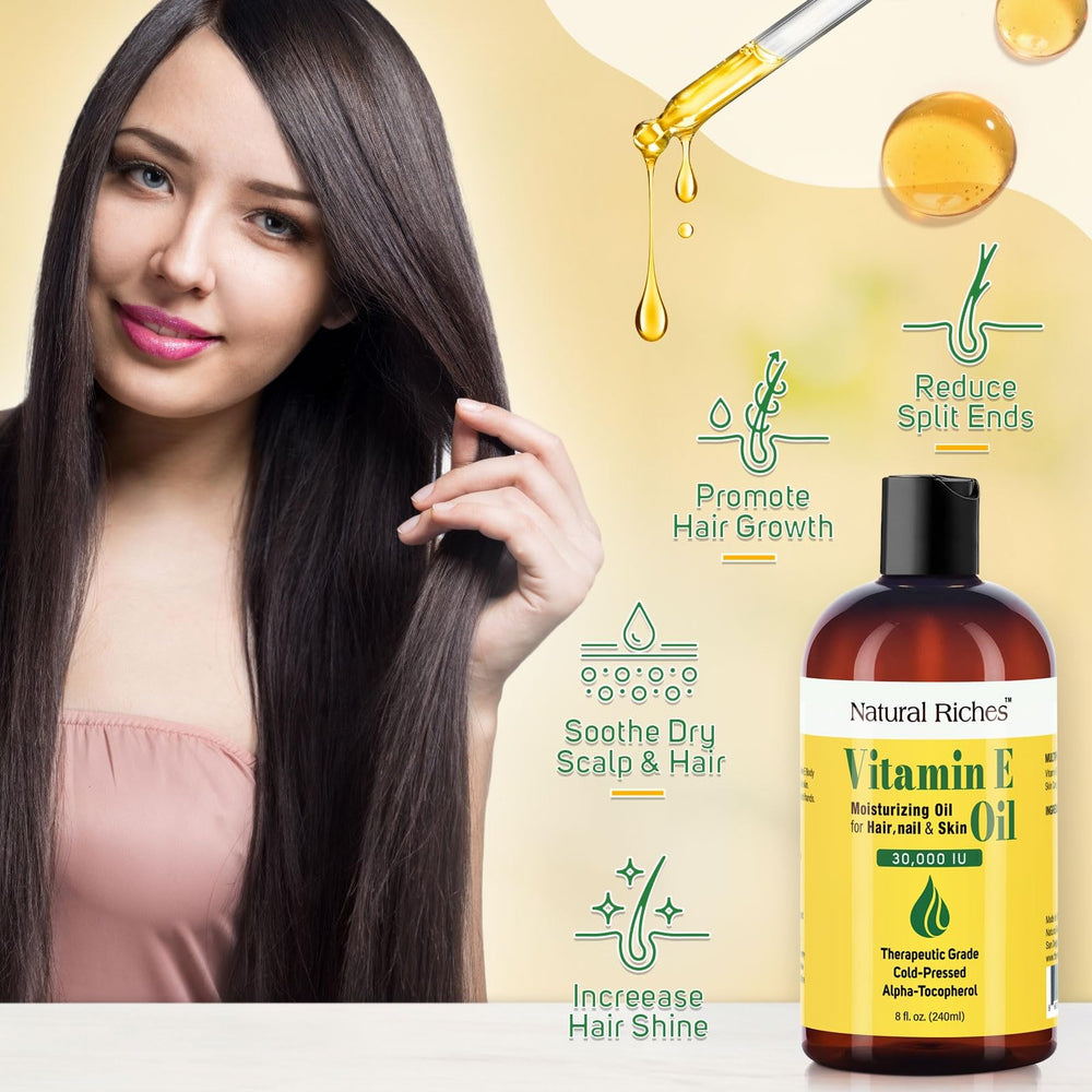 Hair care with Natural Riches Vitamin E Oil for shine and scalp moisture.
