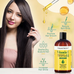 Hair care with Natural Riches Vitamin E Oil for shine and scalp moisture.