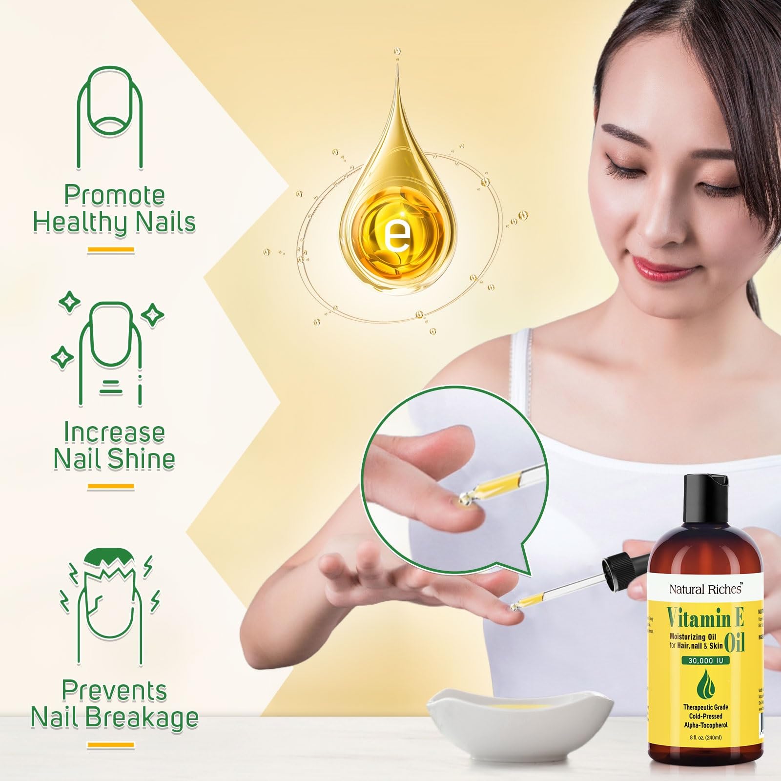 Close-up of Natural Riches Vitamin E Oil smoothing skin texture and dryness prevention.