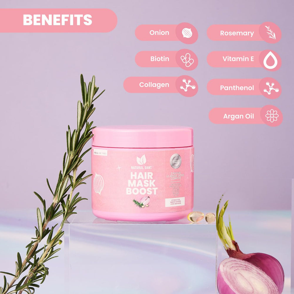 Natural sant Hair Mask on damp hair showing healthy glow after use.