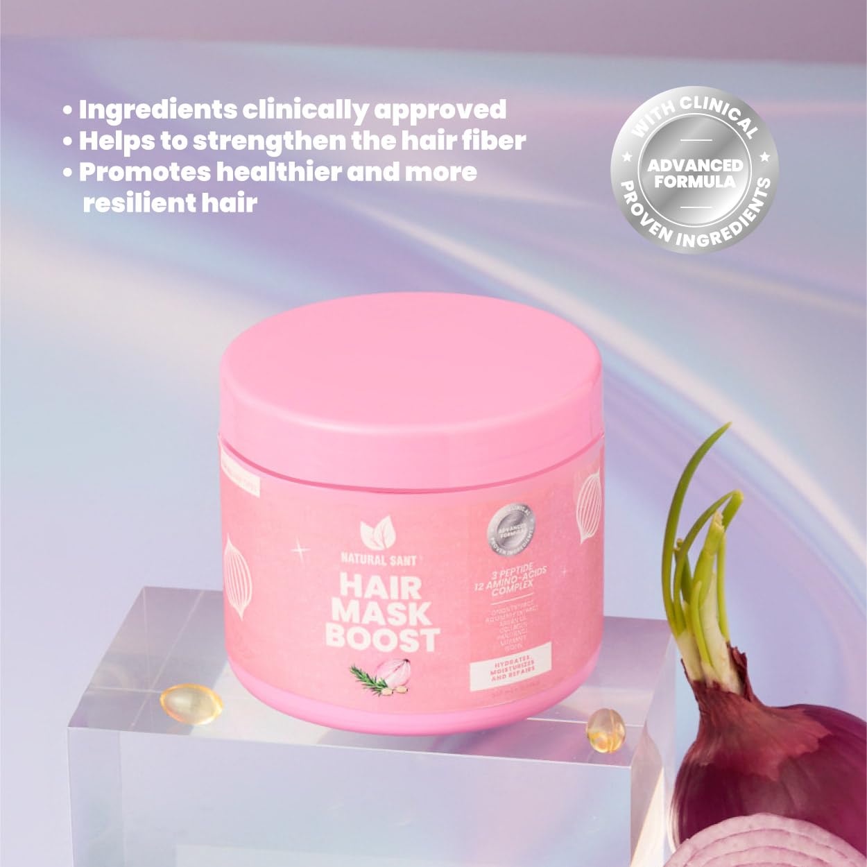 Natural sant Hair Mask ingredients panel highlights nourishing extracts.