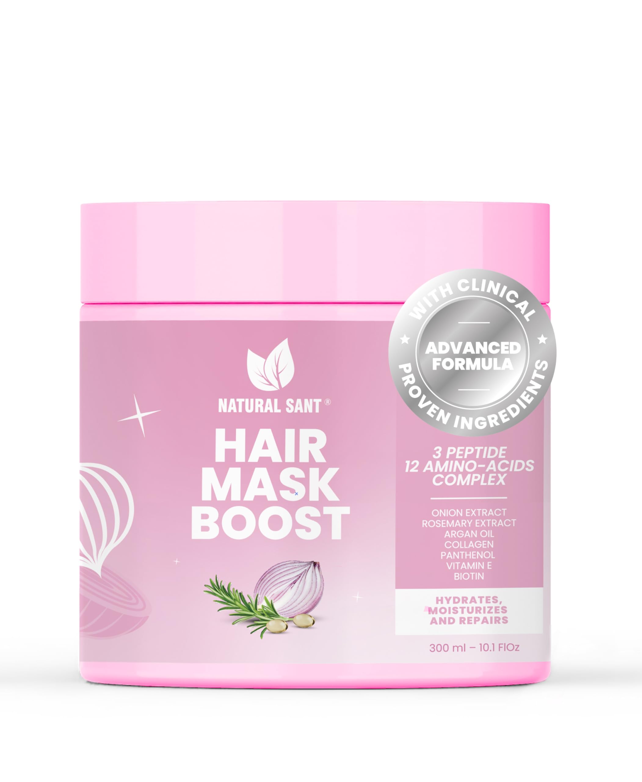 Natural sant Hair Mask bottle pour shows onion, rosemary and argan infusion for nourishment.