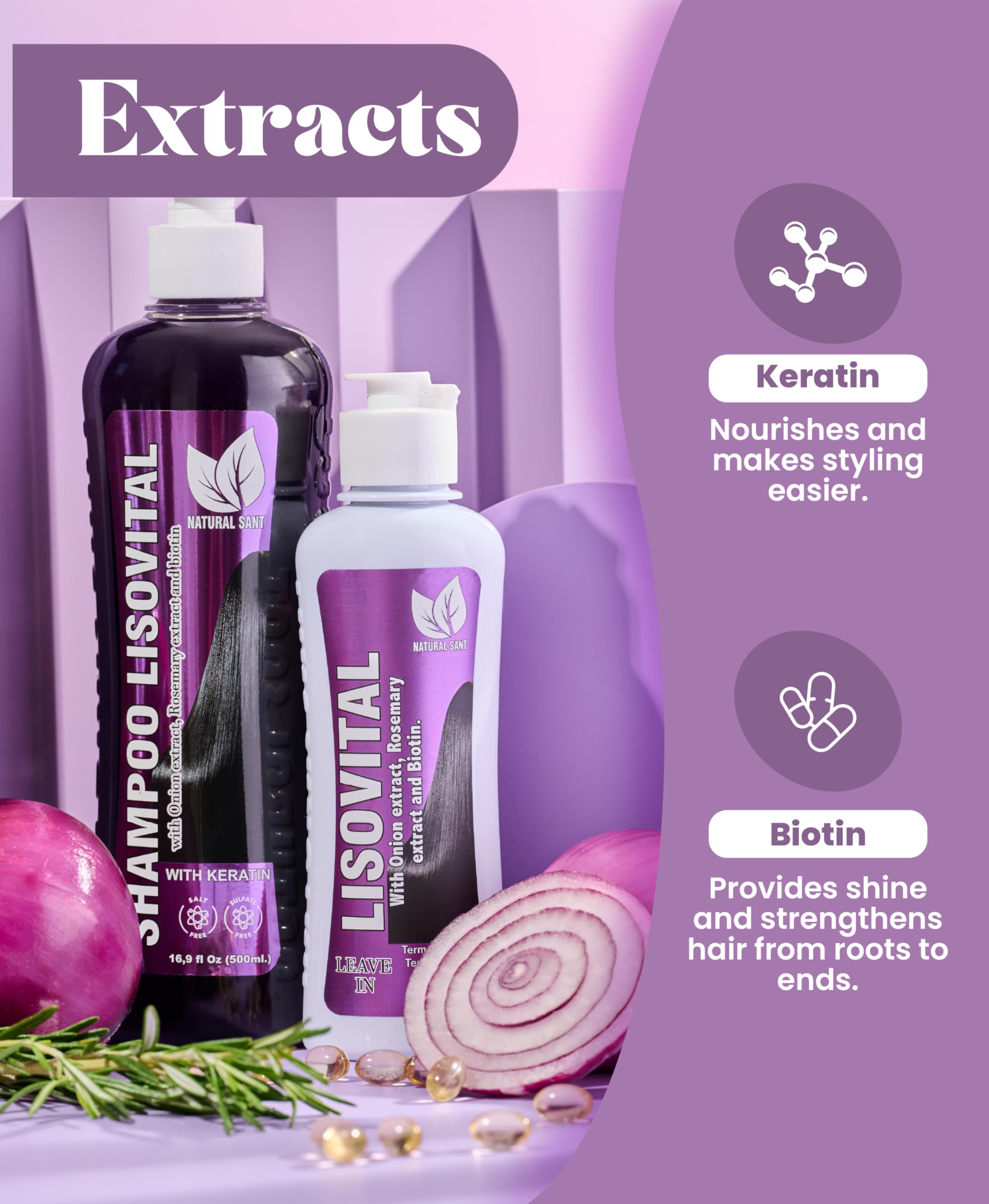 Natural Sant Liso Vital rosemary onion bottle highlights nourishing blend