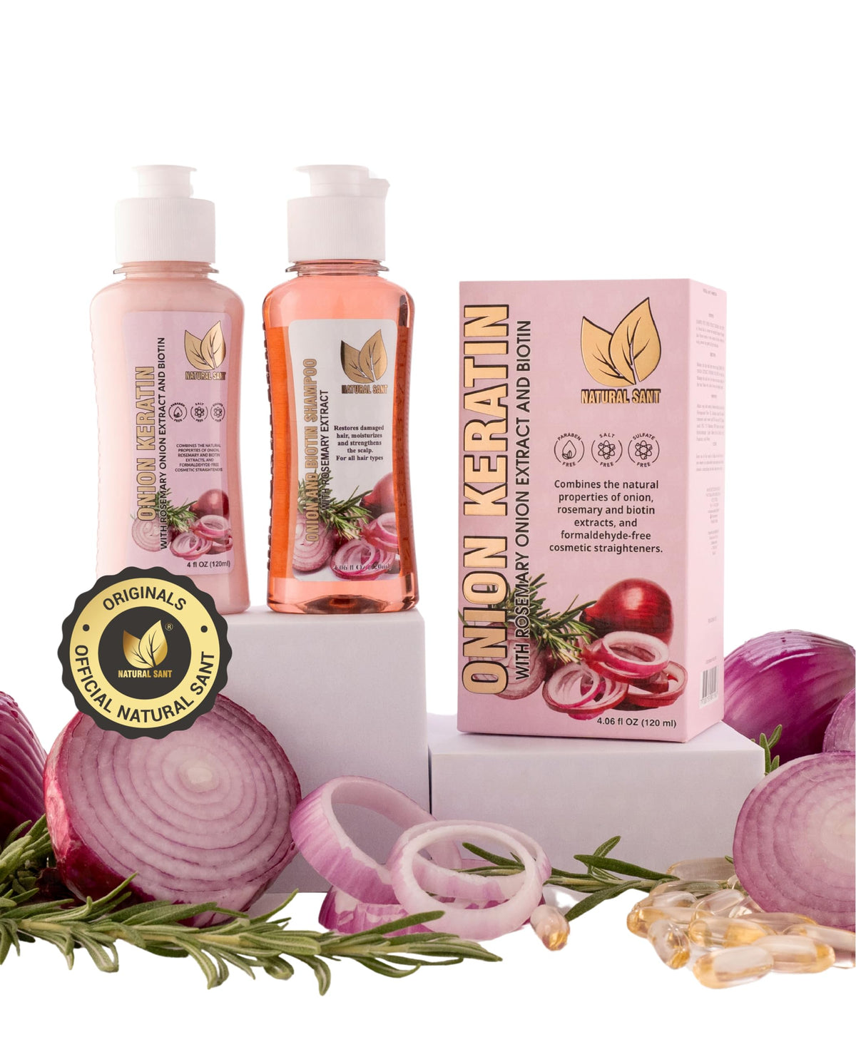 Natural Sant onion keratin Duobox 120ml bottle for deep repair and frizz control.