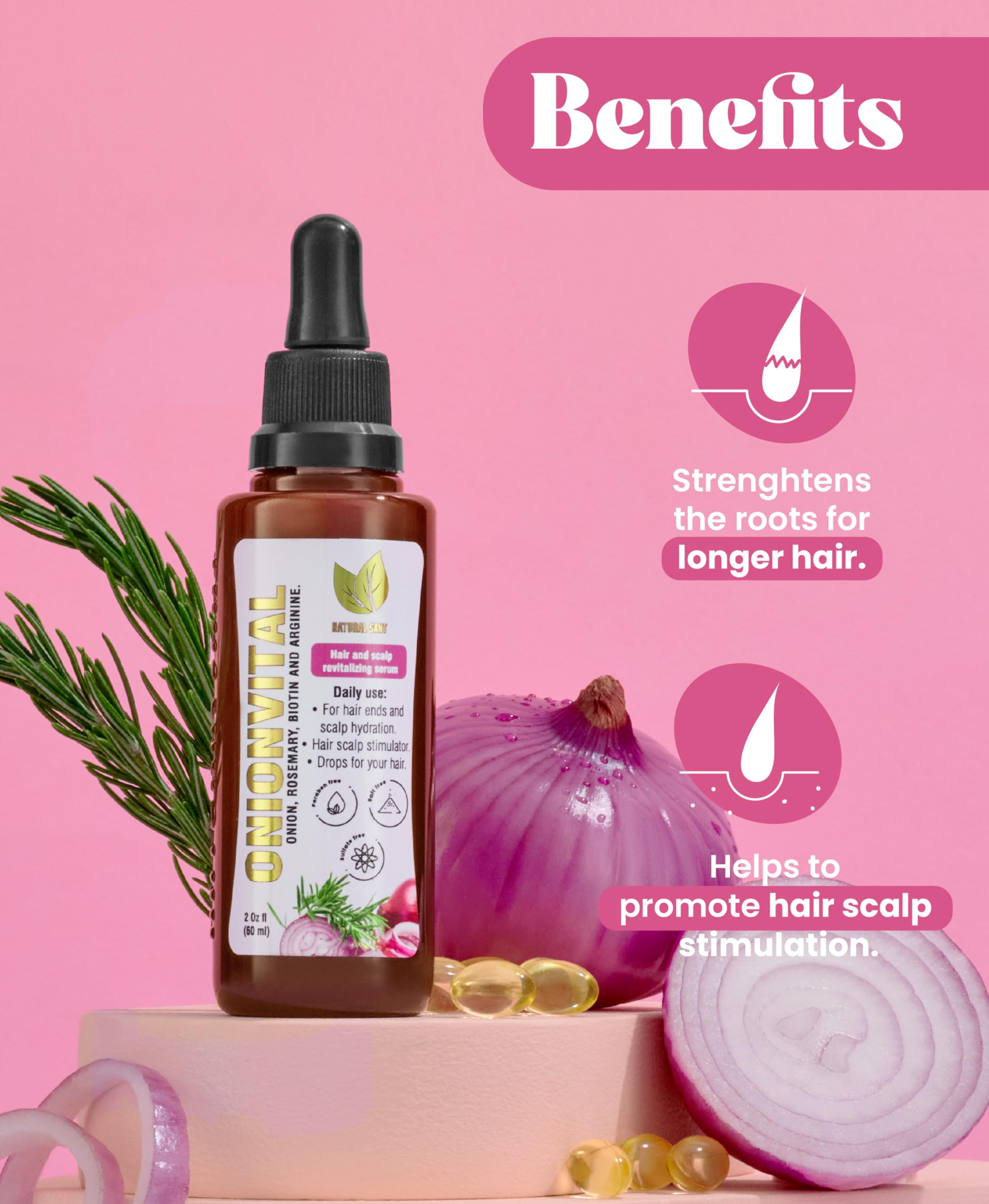 Natural sant Onionvital serum label highlights key ingredients.