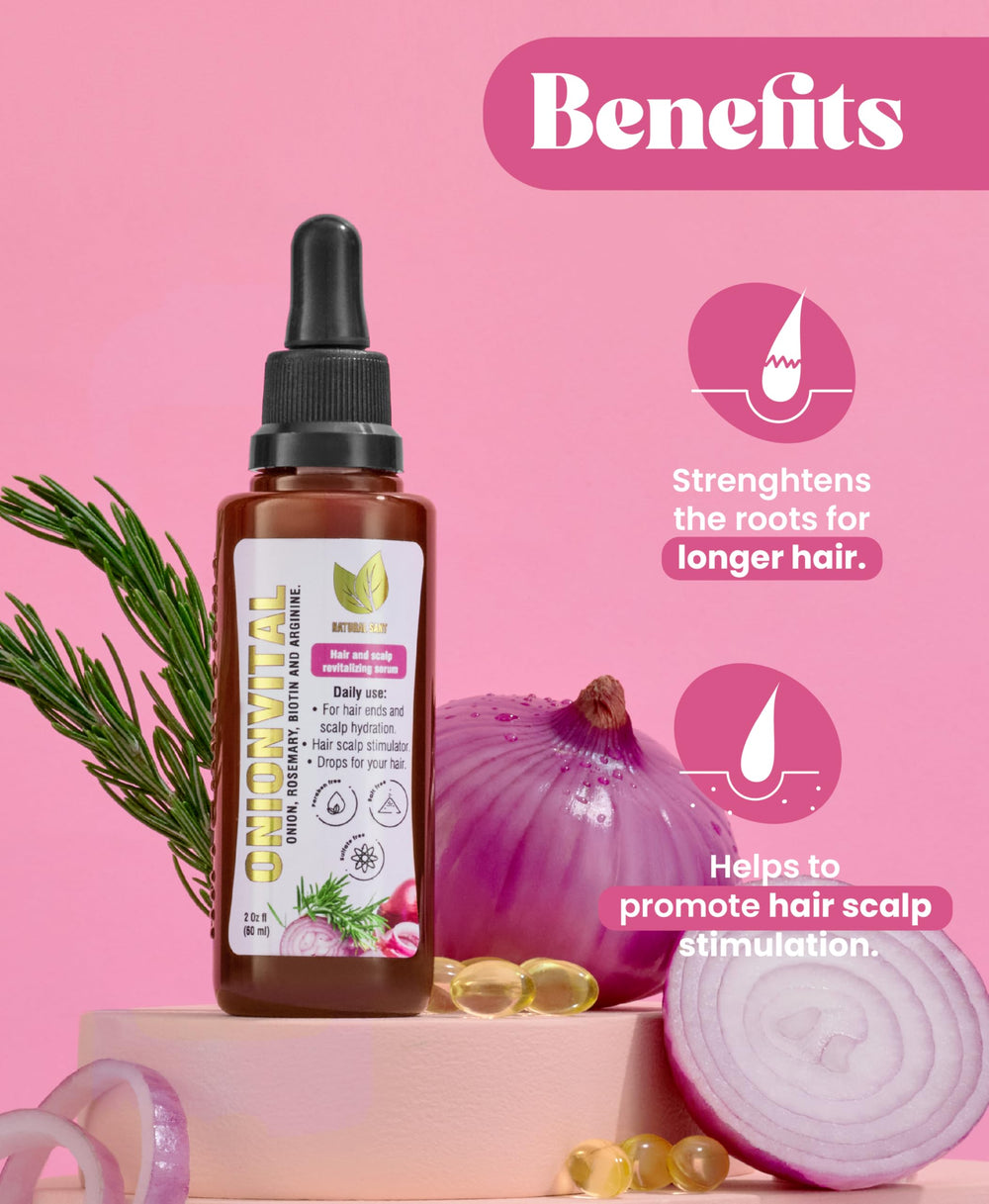 Natural sant Onionvital serum label highlights key ingredients.