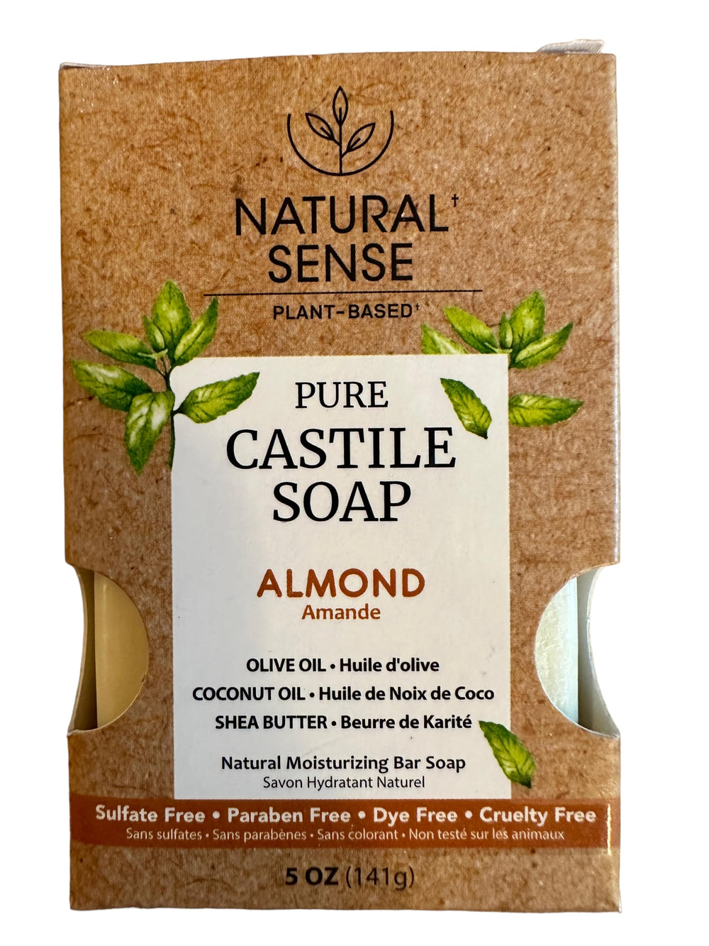 Natural Sense almond castile soap for gentle cleansing with olive oil, coconut oil, and shea butter