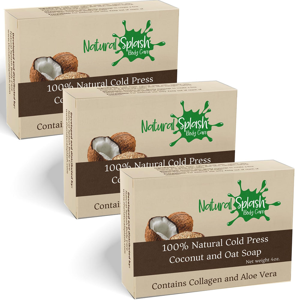Natural Splash Coconut Oat bar soap in a dish, provides gentle exfoliation