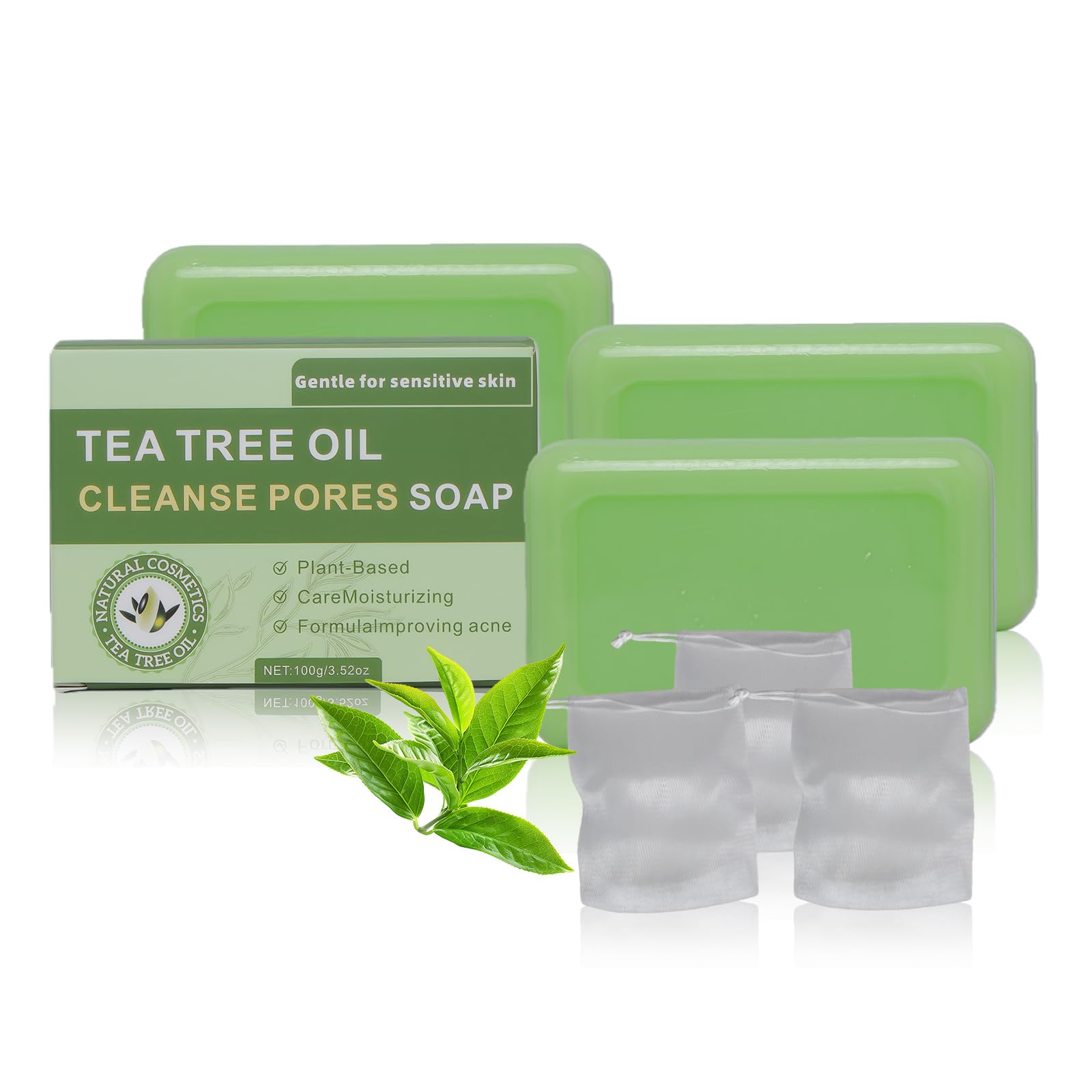 Natural Tea Tree Soap Bar collection closeup shows exfoliating texture for smoother skin.