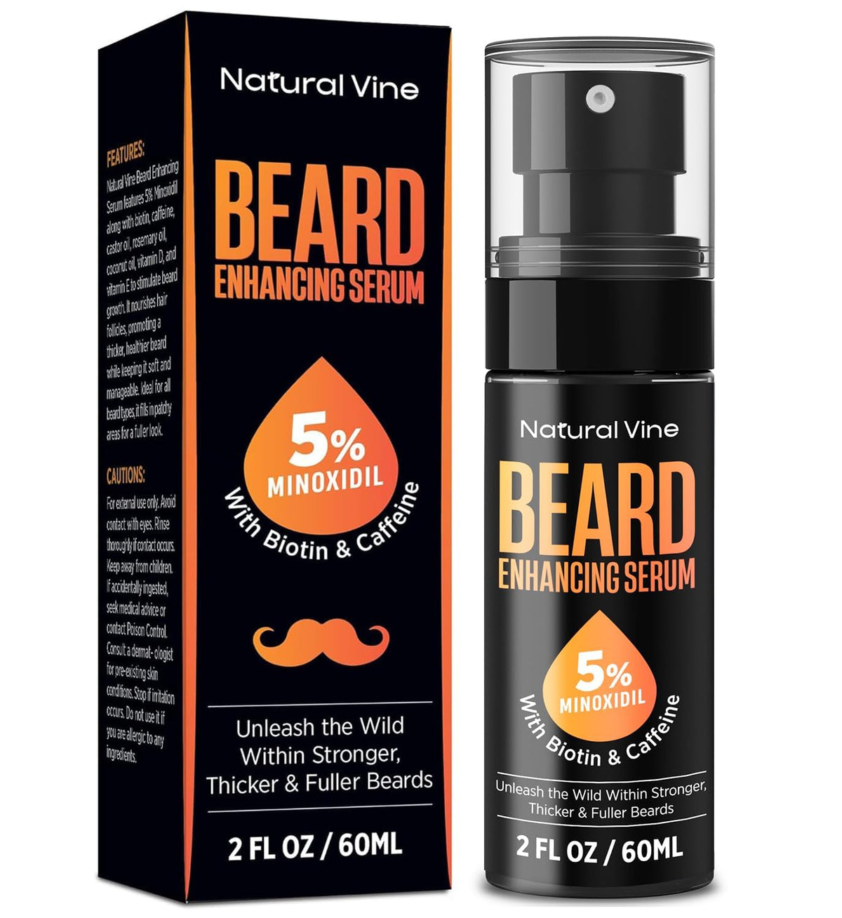 Natural Vine beard growth serum bottle shows 5 percent Minoxidil for fuller facial hair.