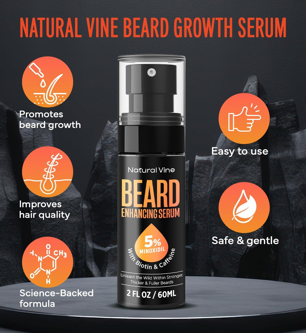 Lifestyle shot shows thicker beard silhouette with Natural Vine branding.