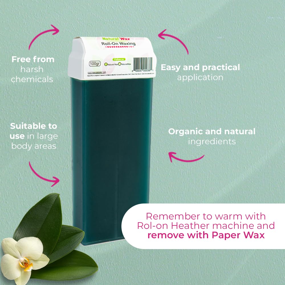 NATURAL-WAX roll-on application close-up shows smooth, precise hair removal prep.