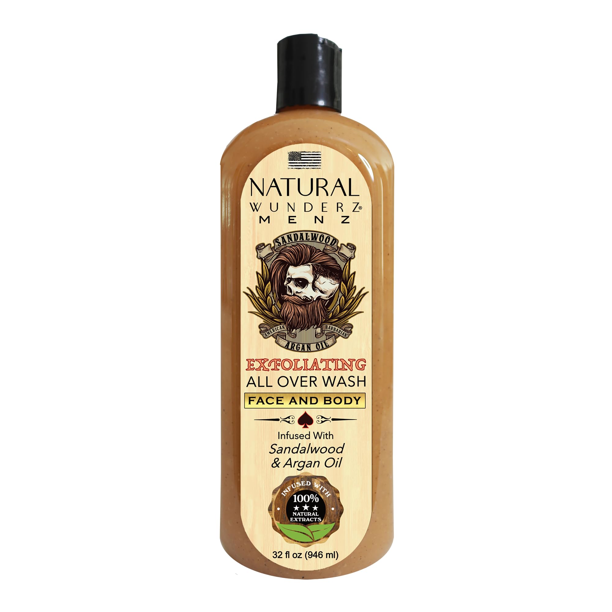 Natural Wunderz mens wash bottle highlights hydrating sandalwood and argan oil formula.