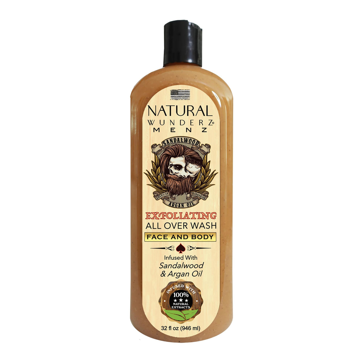 Natural Wunderz mens wash bottle highlights hydrating sandalwood and argan oil formula.