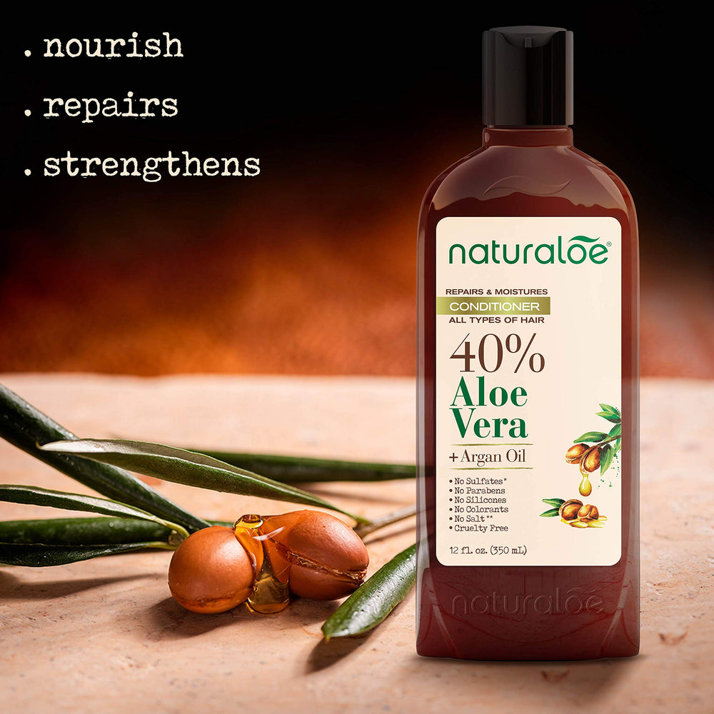Naturaloe Argan Oil conditioning bottle emphasizes added shine and manageability.