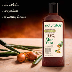 Naturaloe Argan Oil conditioning bottle emphasizes added shine and manageability.