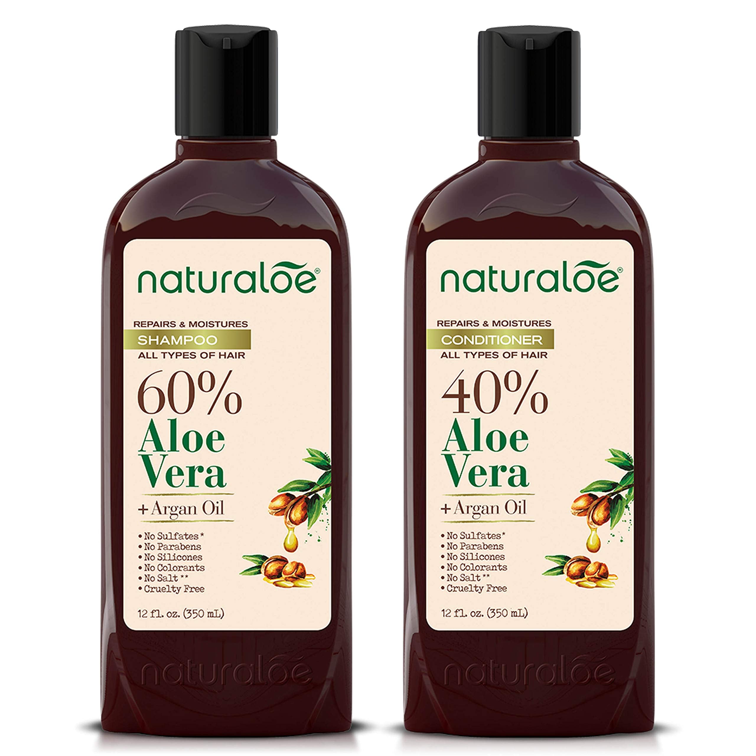 Naturaloe Repairs & Moistures Shampoo bottle with vegan formula for gentle cleansing.