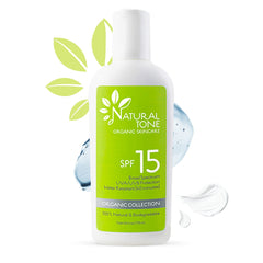Natural Tone SPF15 sunscreen bottle pour showing easy, even sun protection.