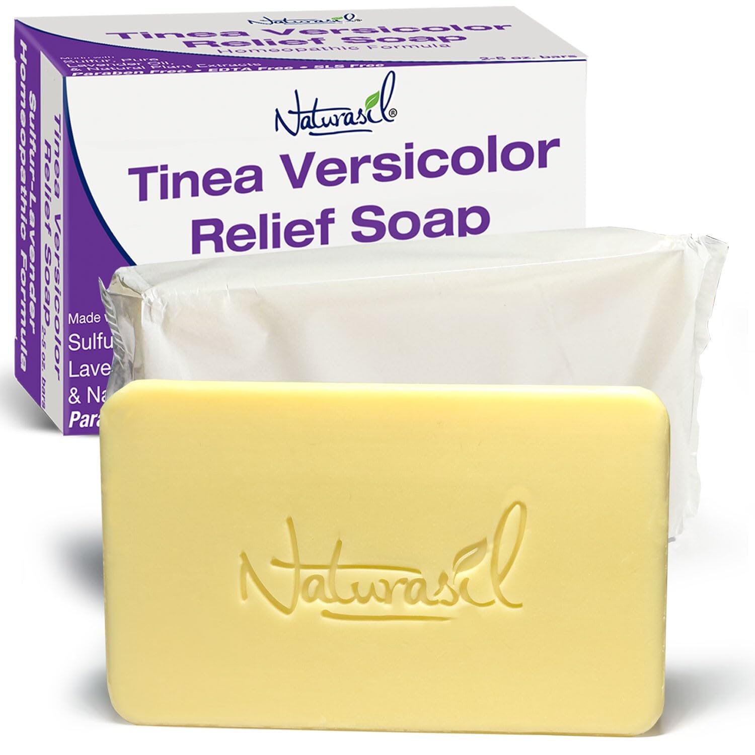 Naturasil Tinea Versicolor Soap 2-pack packaging showing ready-to-use bars