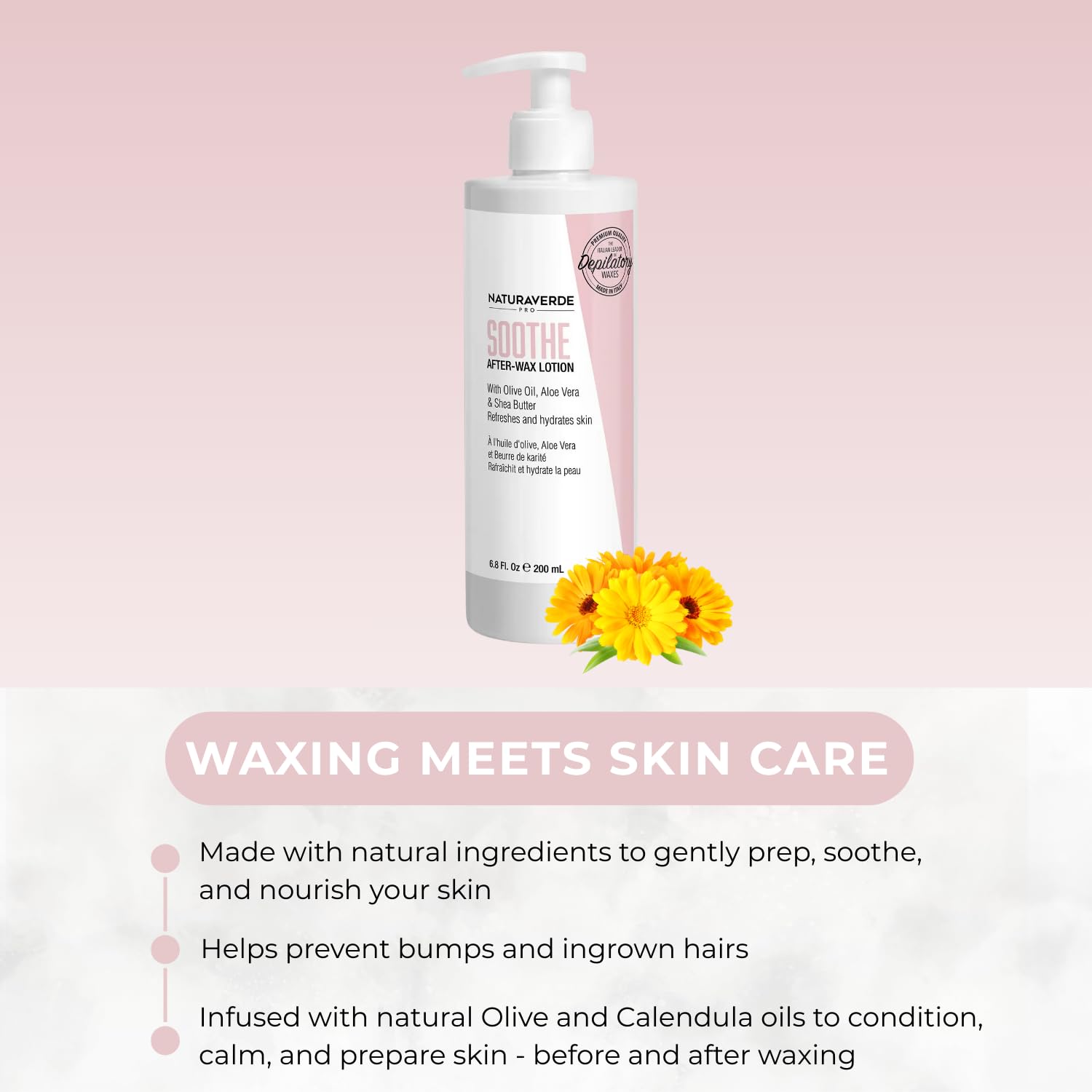 NaturaverdePro Soothe after wax lotion label highlights aloe and shea for calm skin.