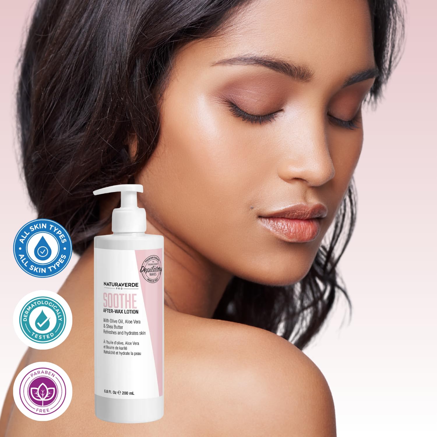 NaturaverdePro Soothe after wax lotion packaging emphasizes Italian formulation.