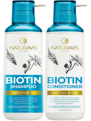 NATURAVIS Biotin Shampoo bottle showing volume-boosting formula.