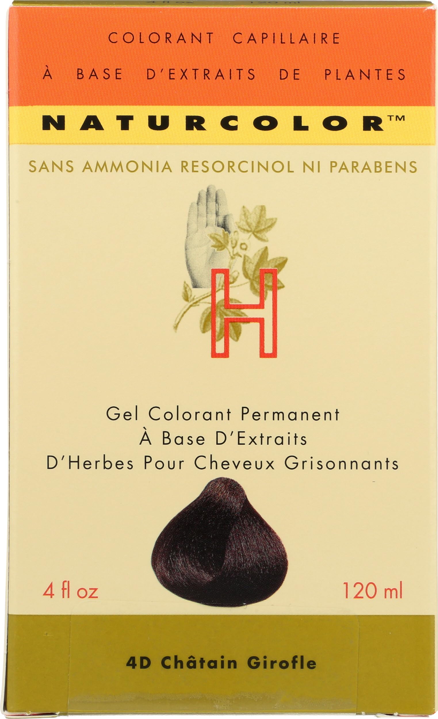 Naturcolor haircolor 4D clove jar showing rich chestnut tone.