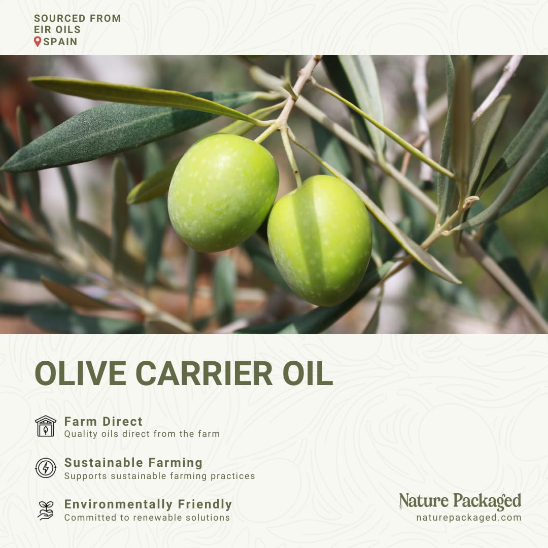 Nature Packaged olive oil label on bottle highlighting purity and cold-pressed method.