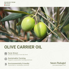 Nature Packaged olive oil label on bottle highlighting purity and cold-pressed method.