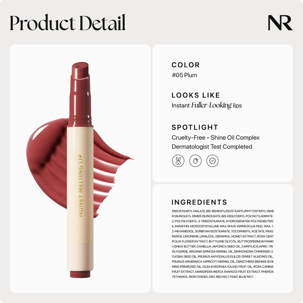 Nature Republic Honey Melting Lip Plum 07 hydration shown on lips with soft sheen.