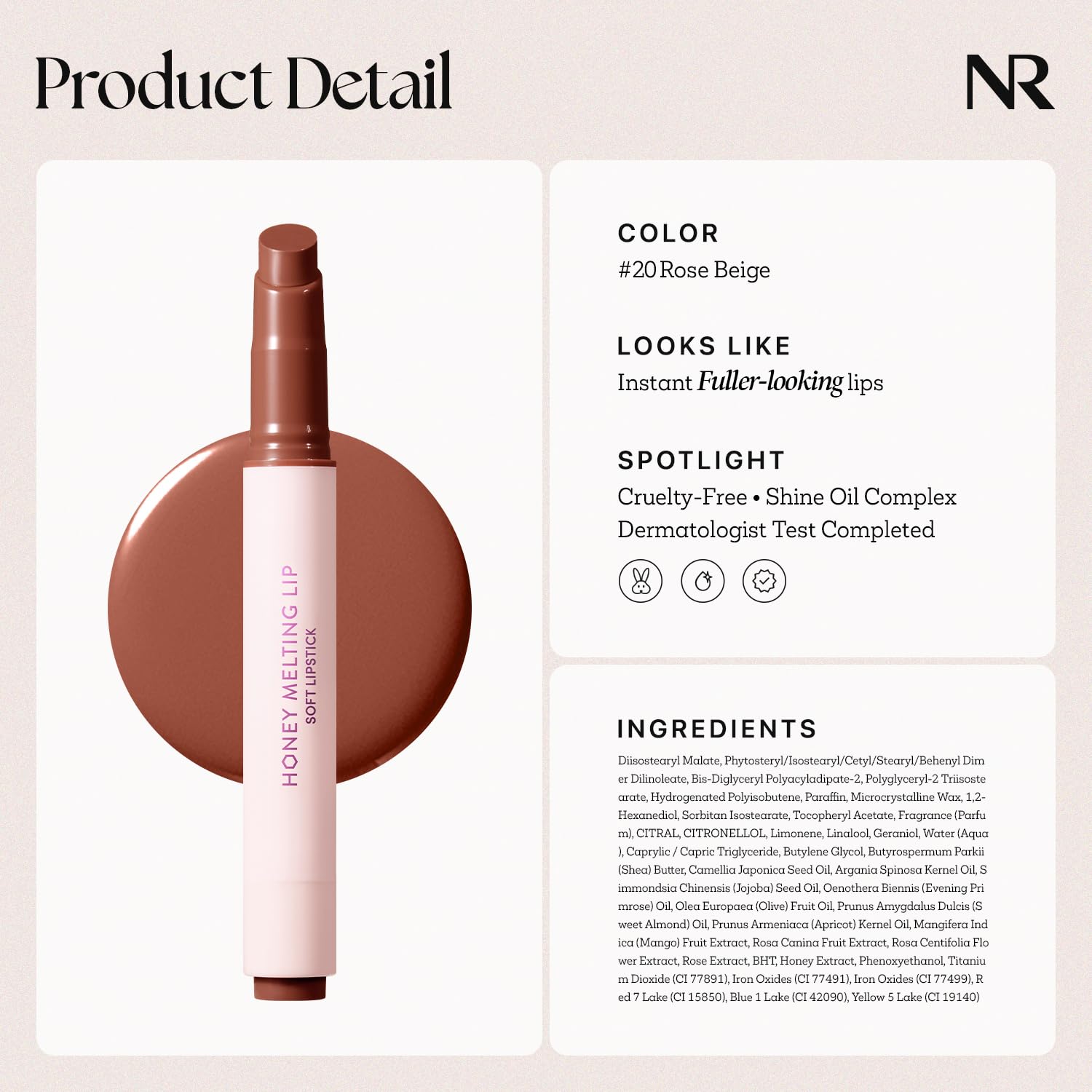 Nature Republic Honey Melting Lip Rose Brown on-lip application, radiant glow with hydration.