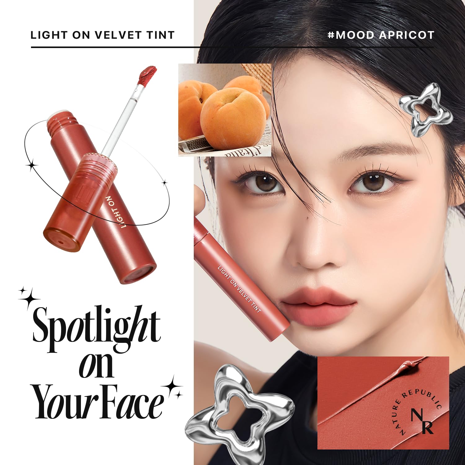 Mood Apricot tint swatches reveal smooth, clump-free coverage for a velvety matte look