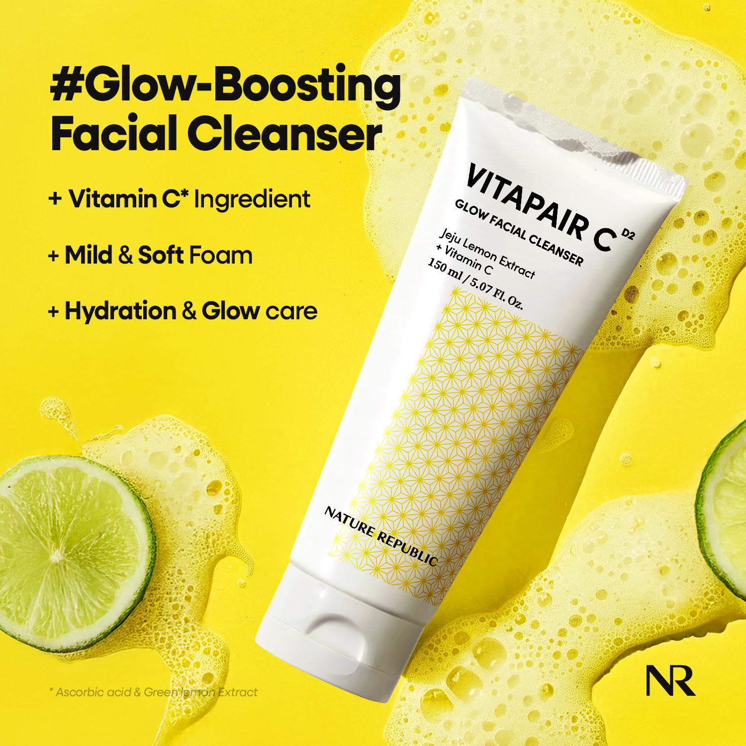 Nature Republic Vitapair C Glow cleanser pump foaming action for deep cleansing.