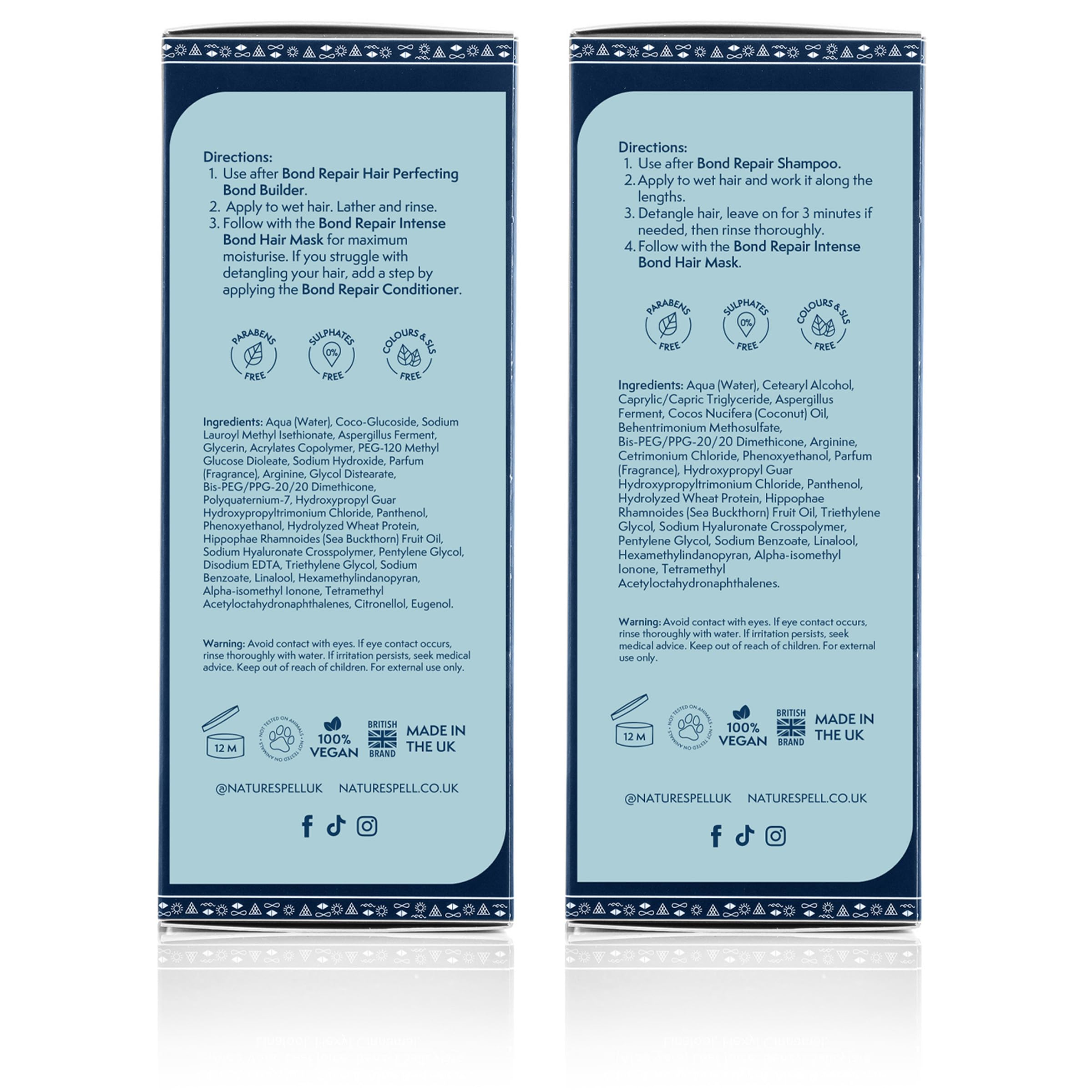 Nature Spell Bond Repair ingredients highlight keratin and hyaluronic acid.