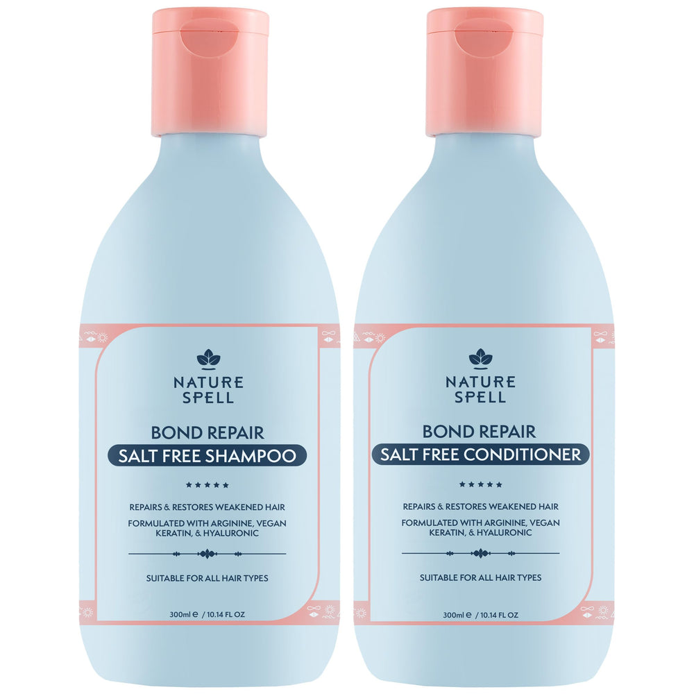 Nature Spell Bond Repair Shampoo bottle showing cleansing and strengthening for damaged hair.