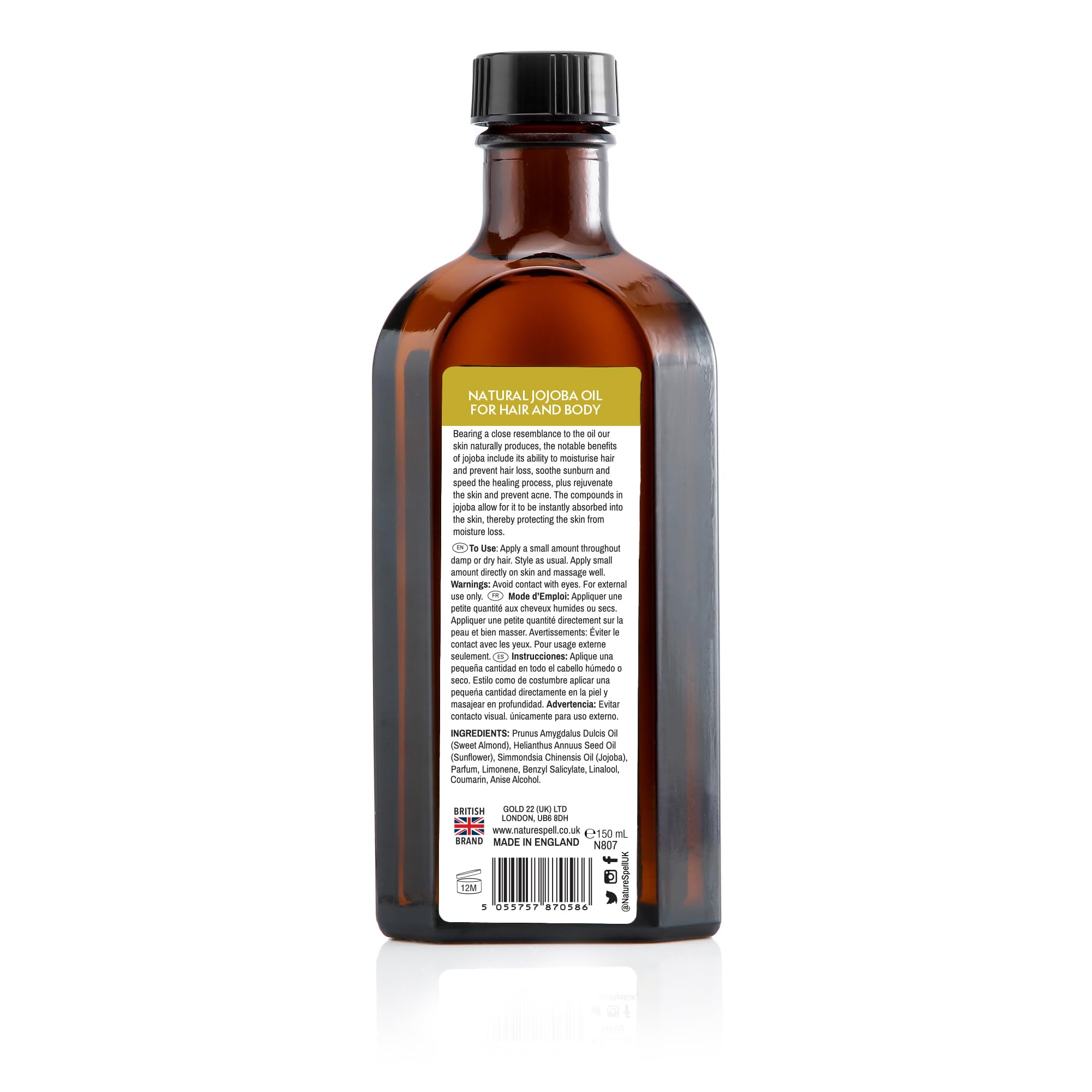 Nature Spell Jojoba Oil 5.07 fl oz packaging on display.