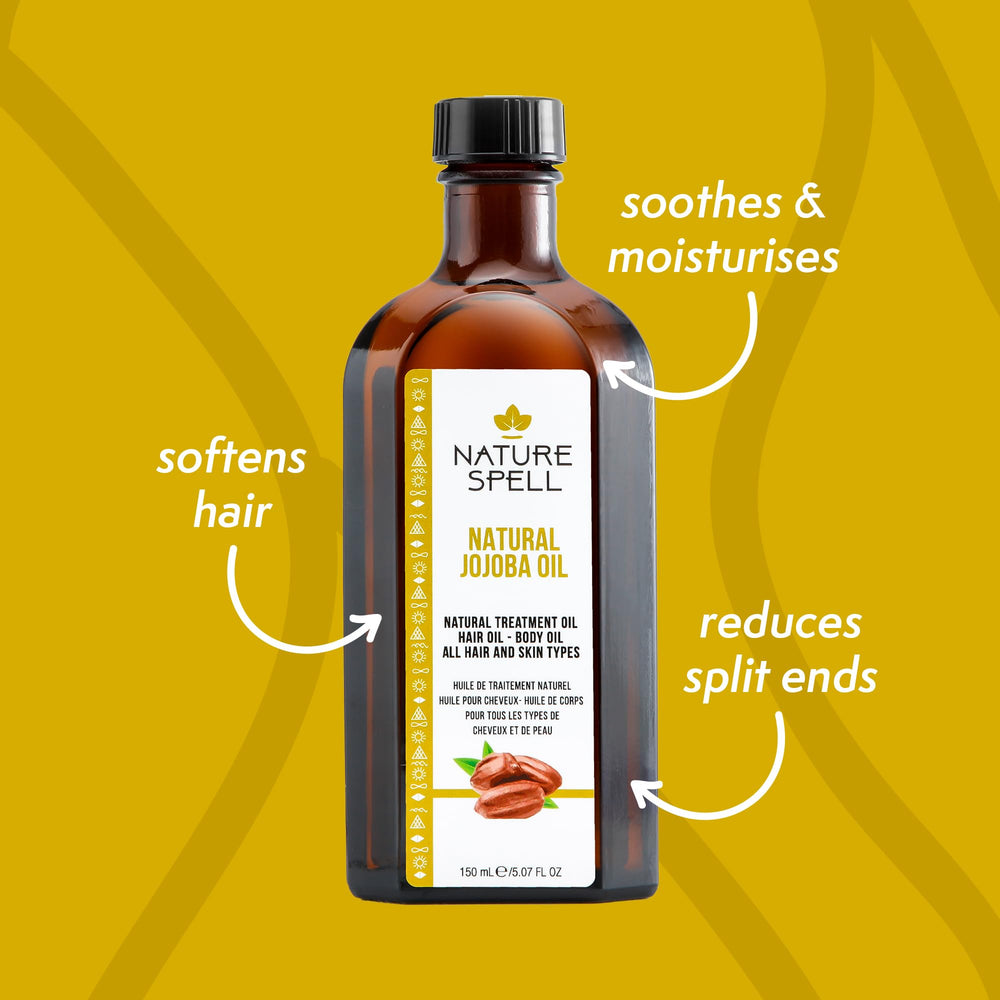 Nature Spell Jojoba Oil warmed between hands for scalp and hair nourishment.