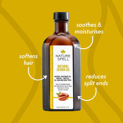 Nature Spell Jojoba Oil warmed between hands for scalp and hair nourishment.