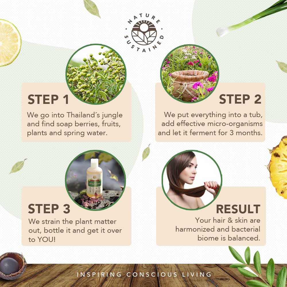 Nature Sustained hands massaging shampoo for frizz control and shine.