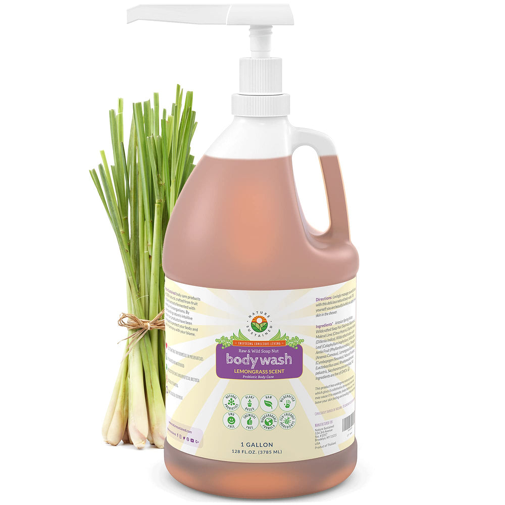 Nature Sustained Soapberry lather bottle shows gentle, pH-balanced cleansing for sensitive skin.