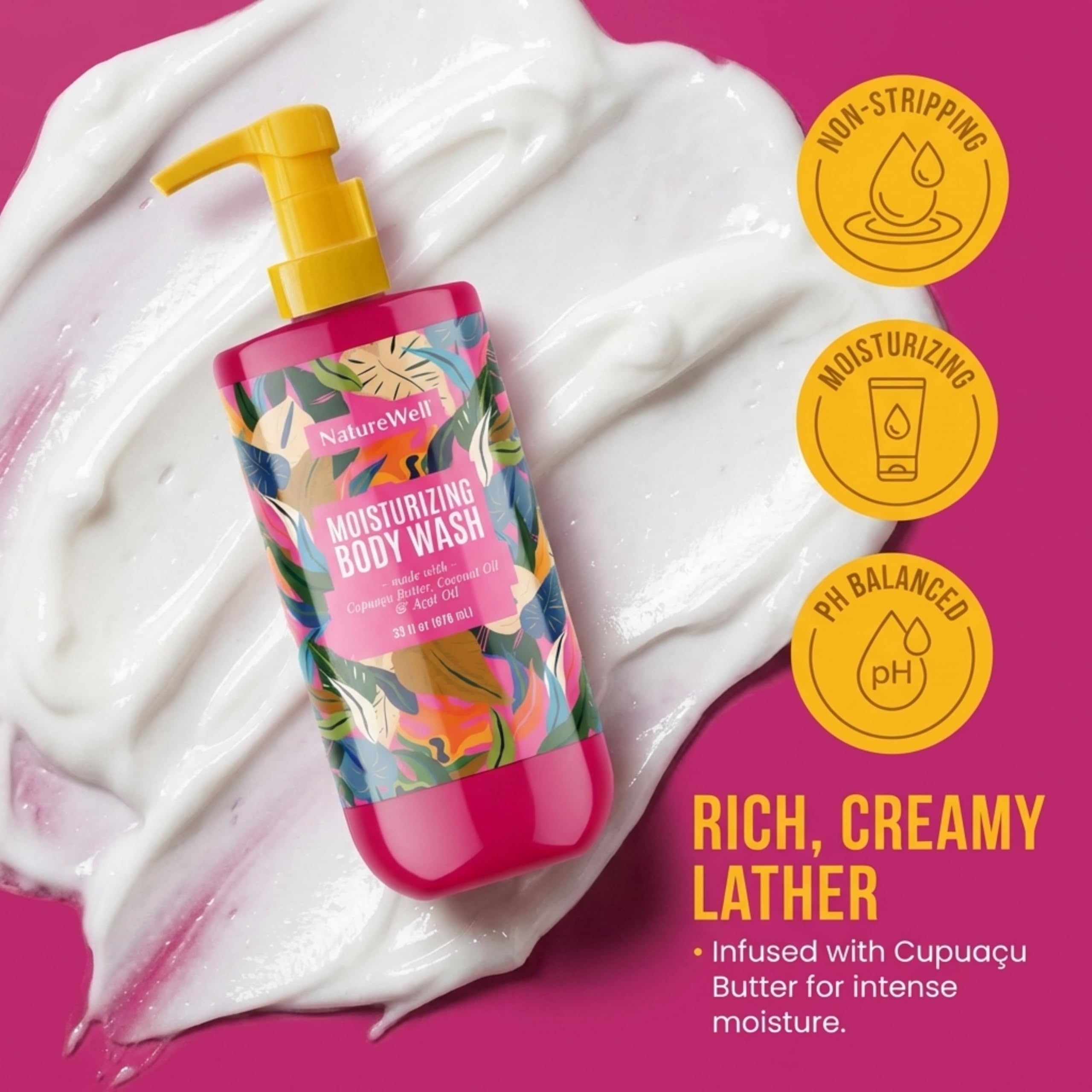 Nature Well Cheeky Moisturizing Body Wash pump delivers gentle cleansing and hydration.