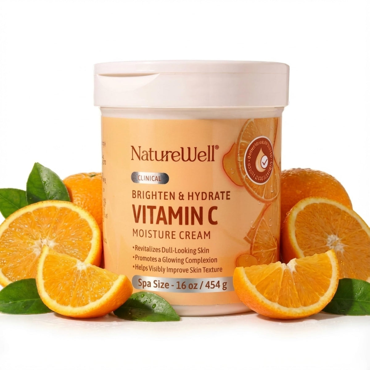 Nature Well Clinical Brighten & Hydrate bottle shows vitamin C formula for radiant skin.