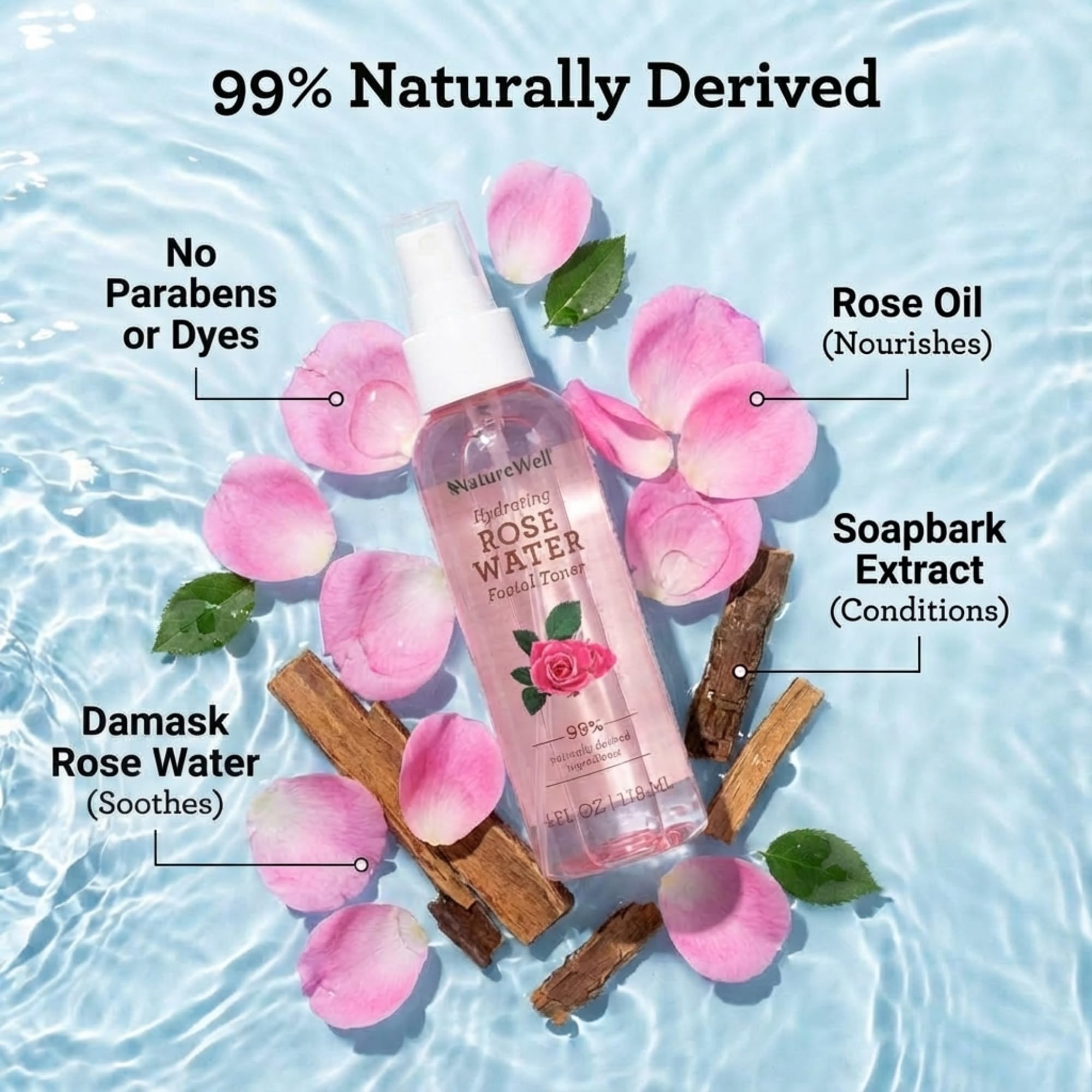 Nature Well Rose Water Toner Mist on-skin application enhances a hydrated, radiant look
