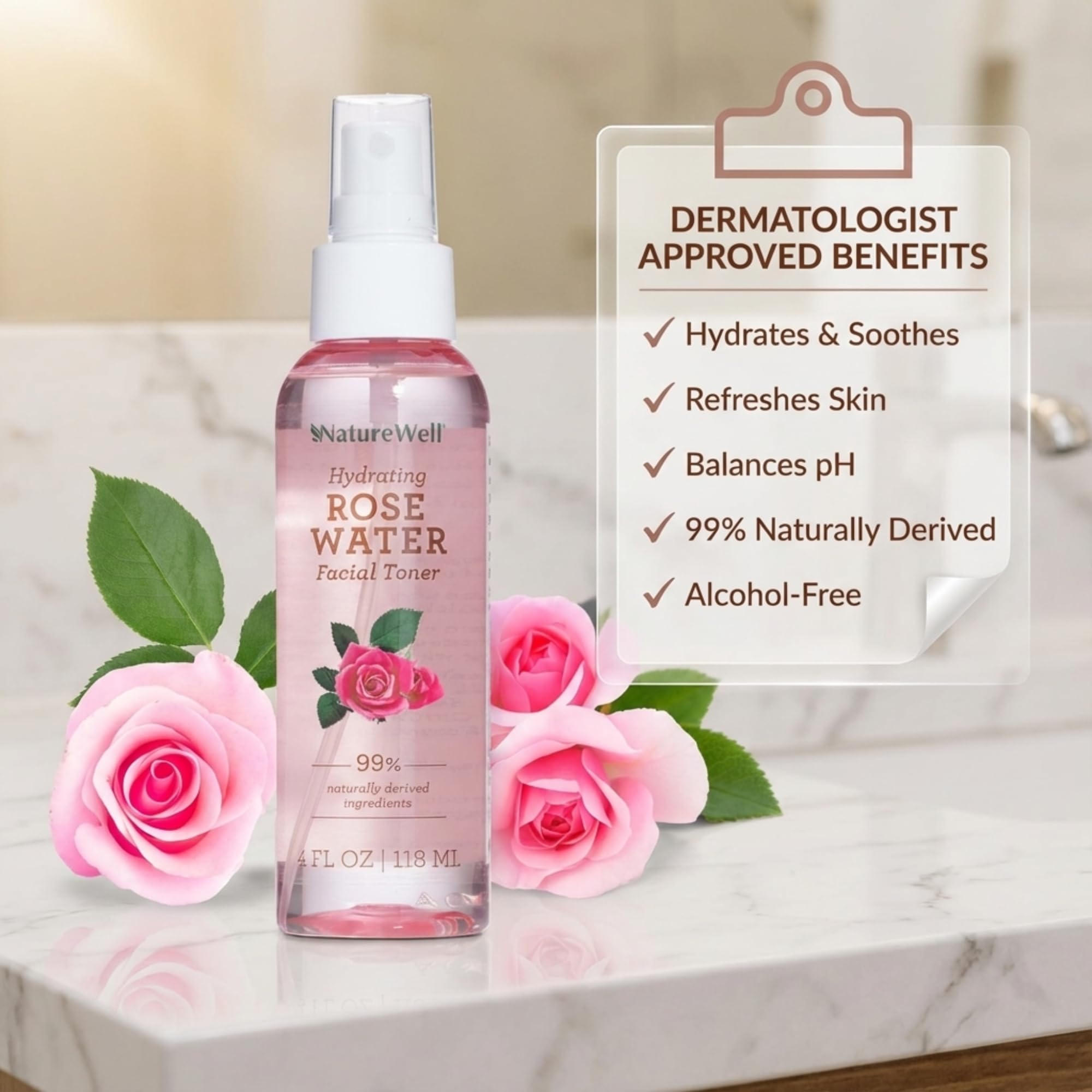 Nature Well Rose Water Toner Mist packaging closeup shows clean, cruelty-free branding